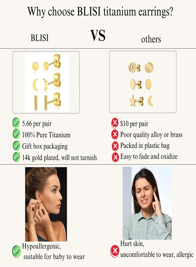 BLISI 3 Pairs Medical Grade Titanium Earrings Minimalist Gold Dot Bar Moon Studs Earrings Hypoallergenic Tiny Studs Earrings Line Stick Earrings - Image 4